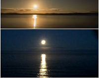 Moon's/sun's reflection on flat water.