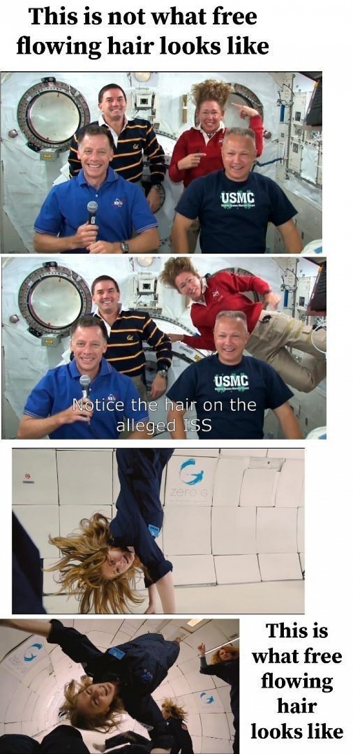 They want you to think there's zero gravity so she points to her hair. (You can also see the back wall of the set through her left arm in the second picture.) But below we see what real free flowing hair looks like on the plane they use for training as it descents quickly so you can feel weightless.